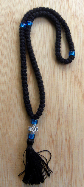 Prayer Rope, 100 knots with cross and blue beads